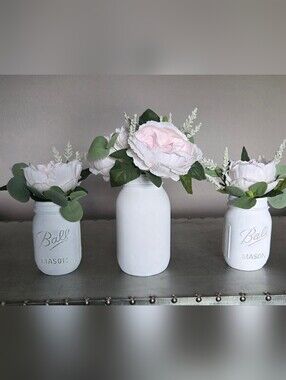 Set of 3 White Chalk Painted Mason Jars w/Pink & White Fake Flowers